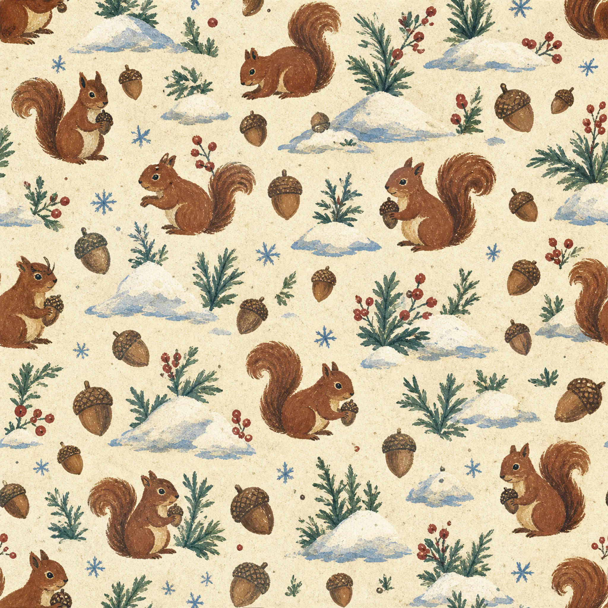 Squirrel Snowcap Acorns wrapping paper flat design