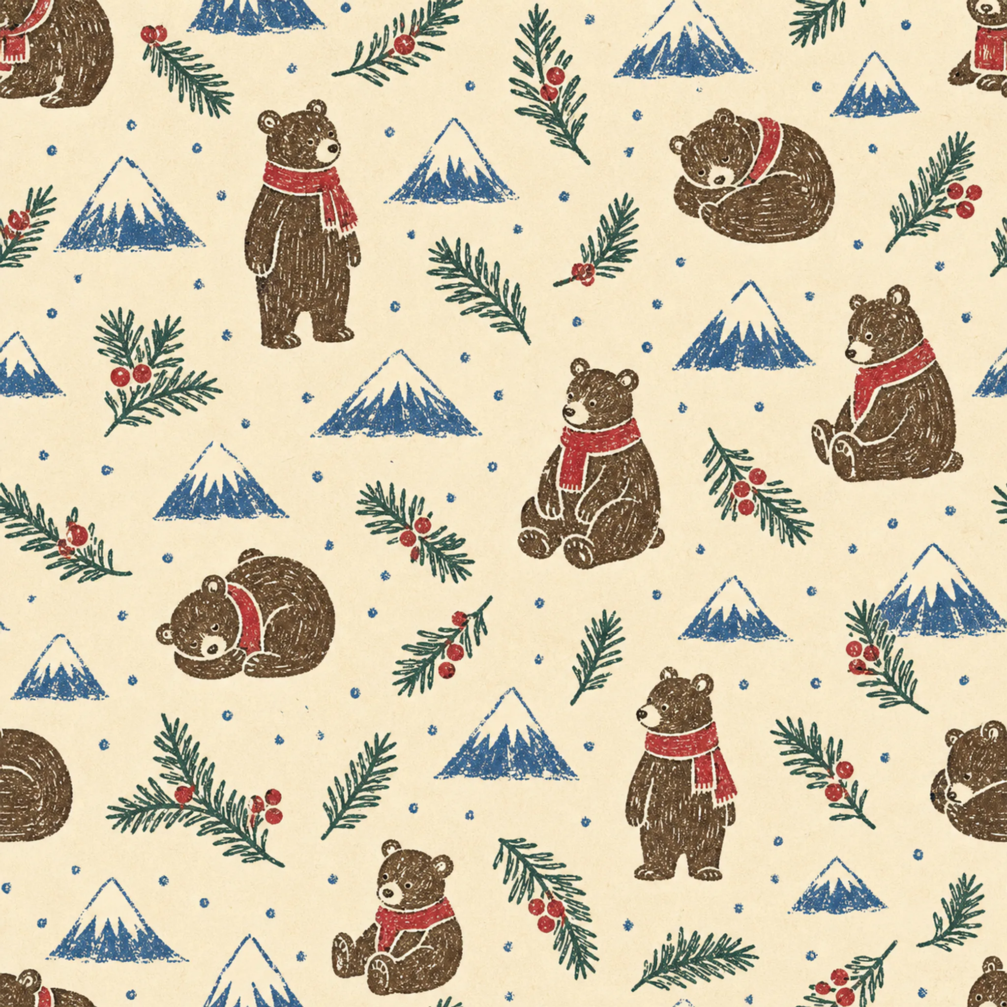 Bear Snowcap Sprigs wrapping paper flat design