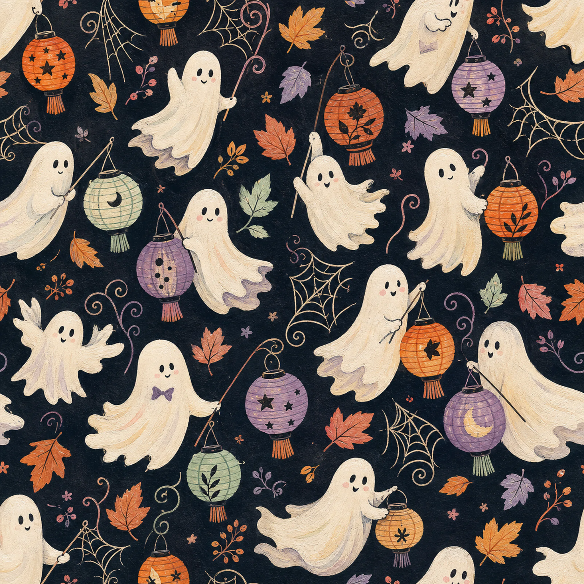 Ghost Lantern Parade wrapping paper flat design