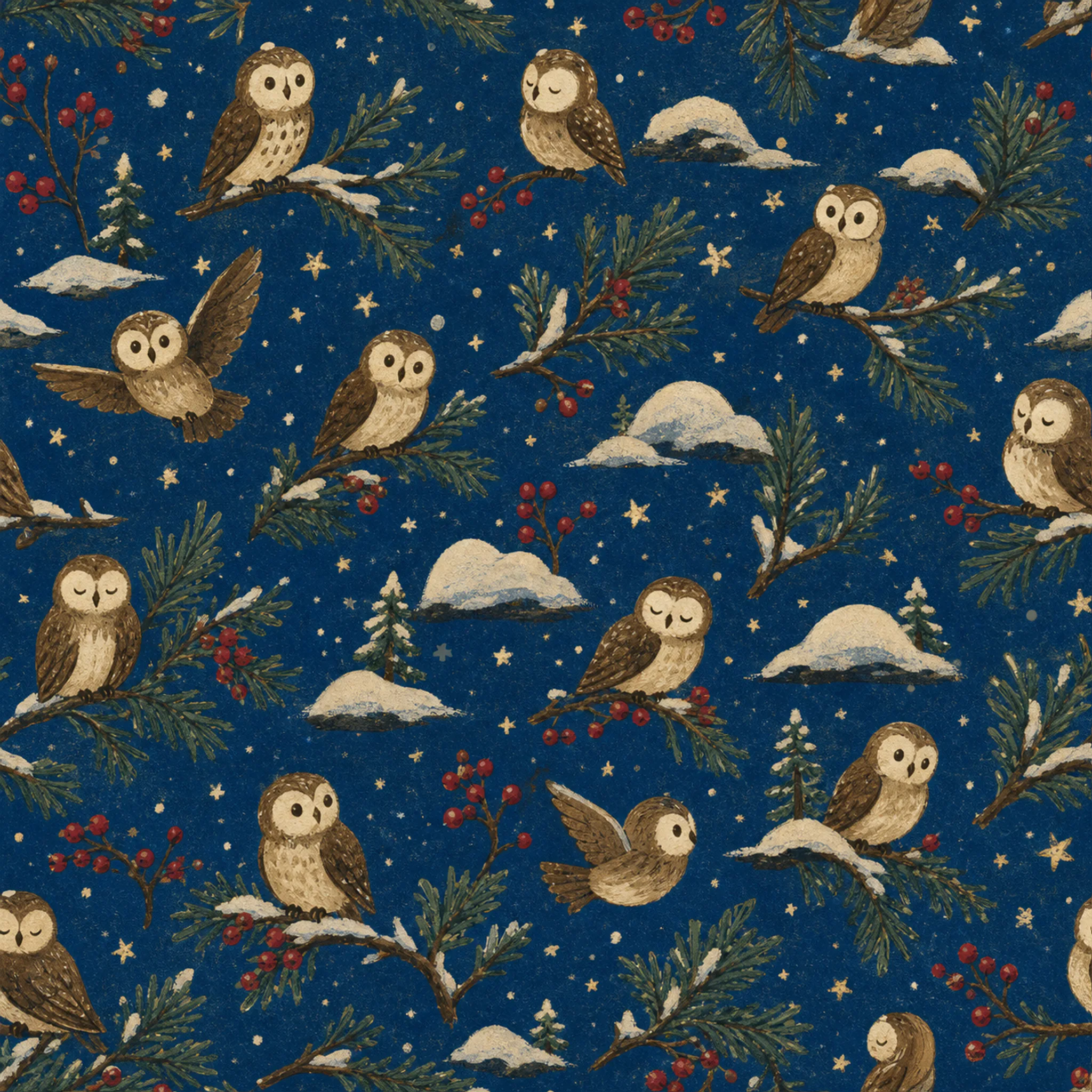 Midnight Owl Pines wrapping paper flat design